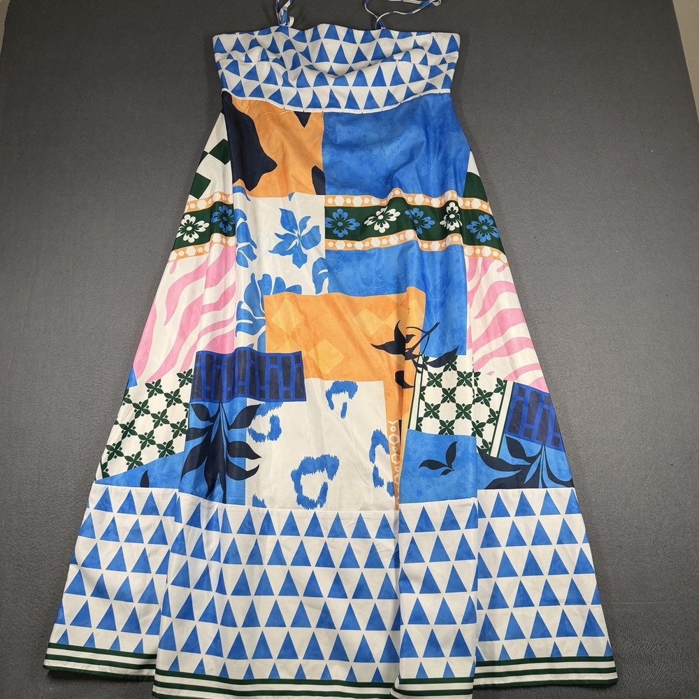 SundayUp Dress Womens Large Multicolor Patchwork Tropical Maxi Sundress Strappy